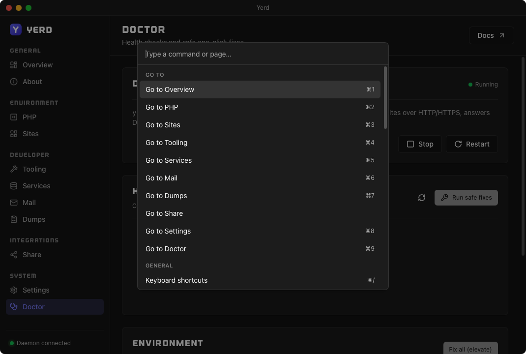 The command palette, listing Go to page actions