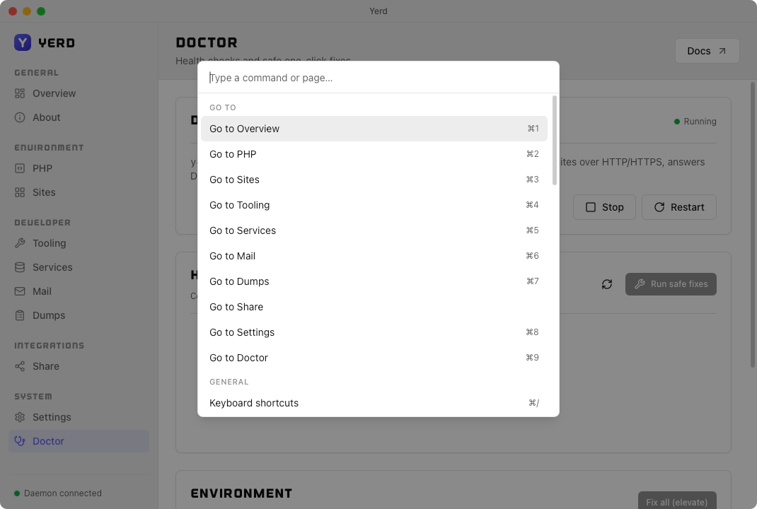 The command palette, listing Go to page actions