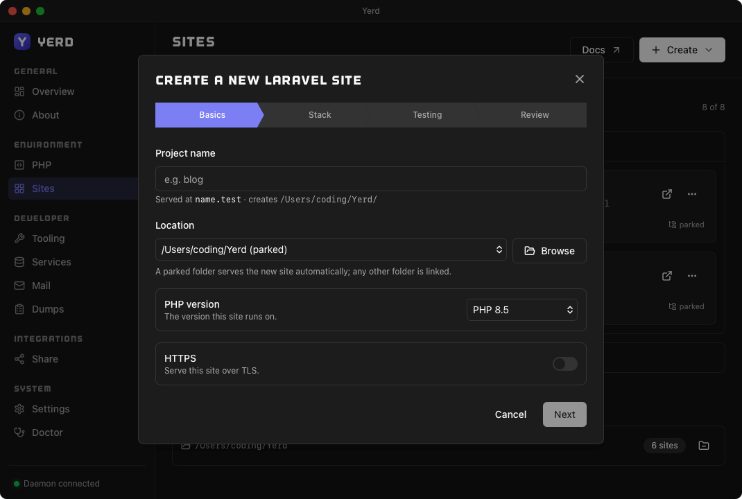 The Create-a-new-Laravel-site wizard, Basics step