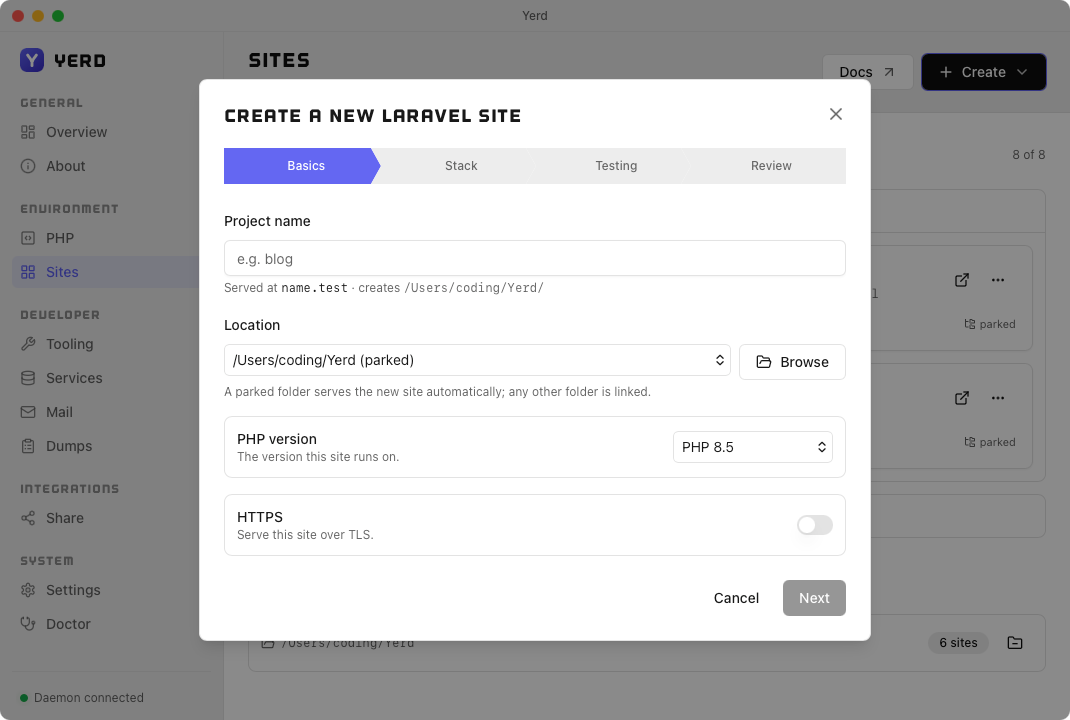 The Create-a-new-Laravel-site wizard, Basics step