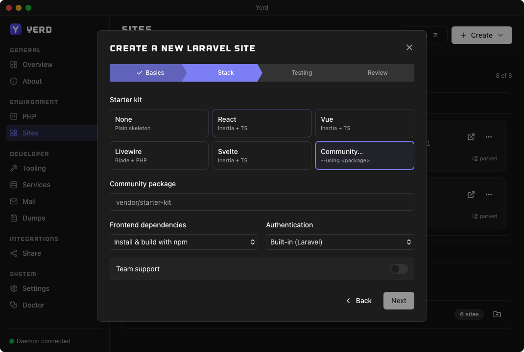 The Create-a-new-Laravel-site wizard, Stack step (starter kit)