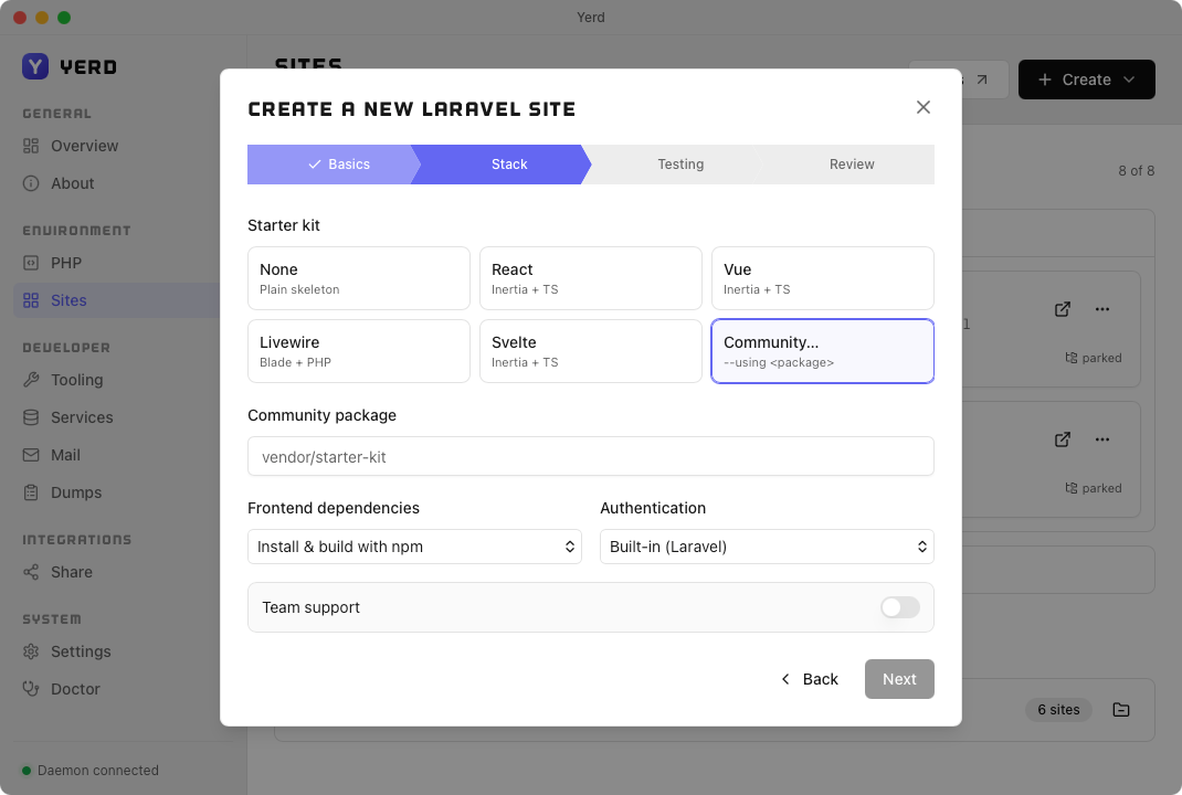 The Create-a-new-Laravel-site wizard, Stack step (starter kit)