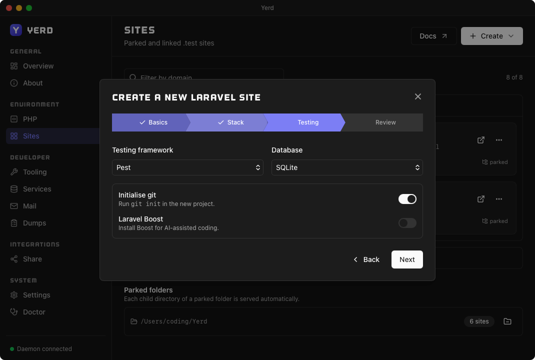 The Create-a-new-Laravel-site wizard, Testing step