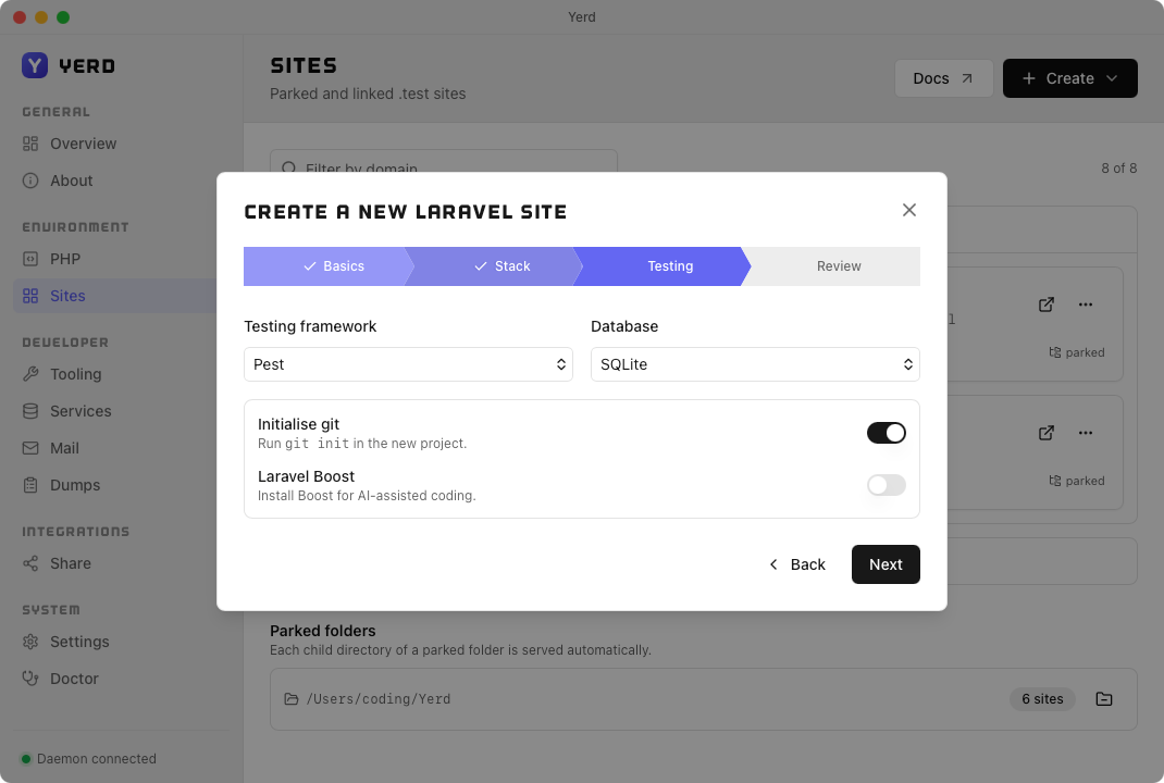 The Create-a-new-Laravel-site wizard, Testing step