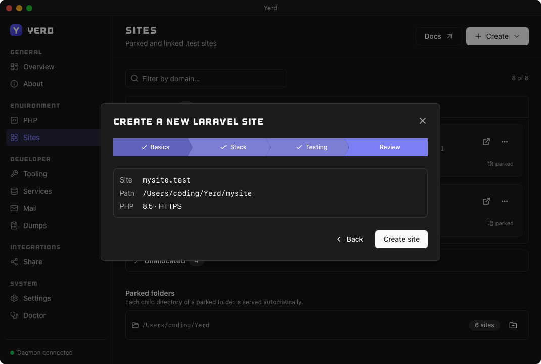 The Create-a-new-Laravel-site wizard, Review step