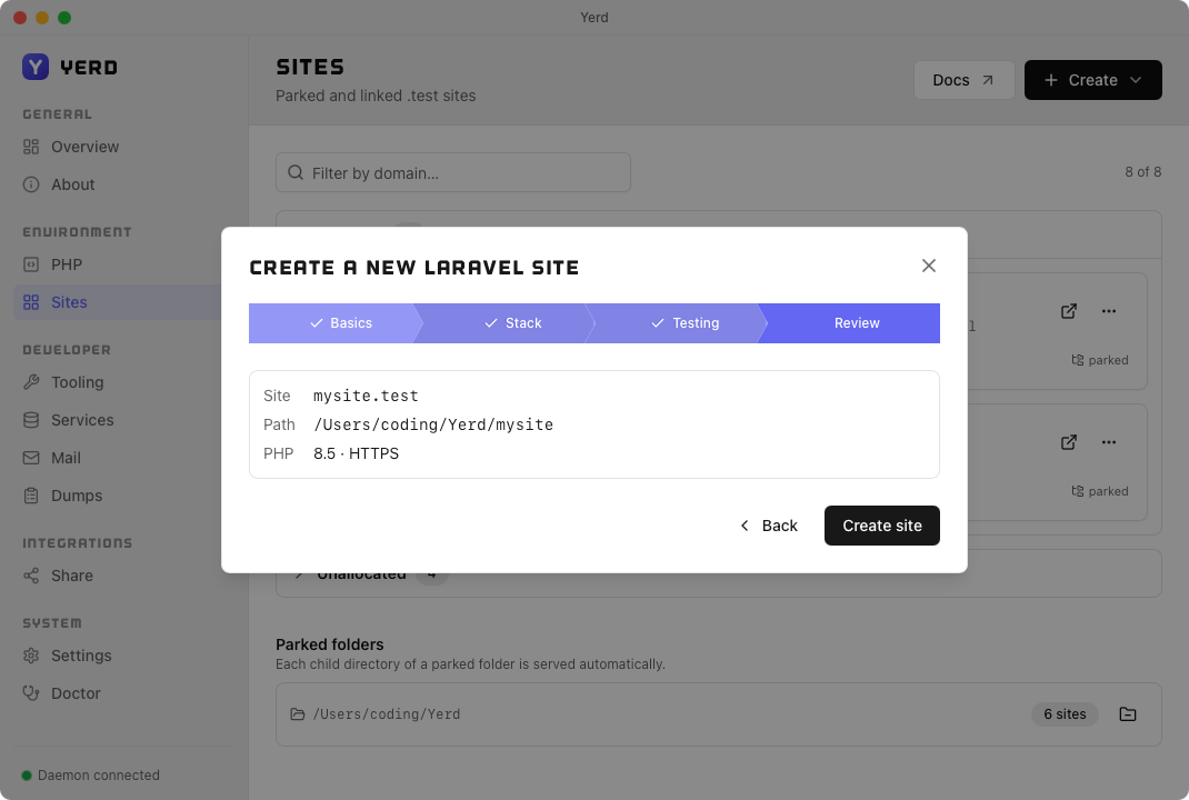 The Create-a-new-Laravel-site wizard, Review step
