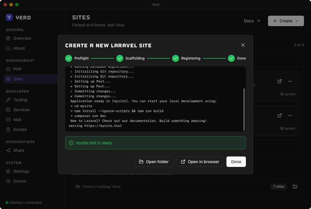 The Create-a-new-Laravel-site wizard, live progress view