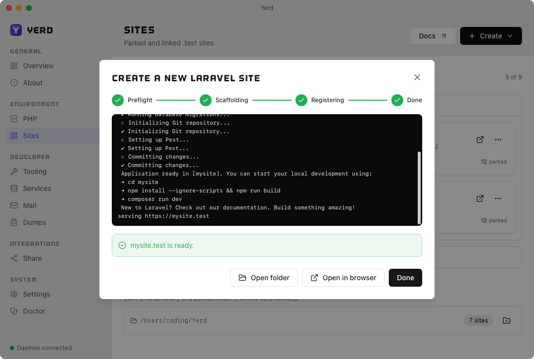The Create-a-new-Laravel-site wizard, live progress view