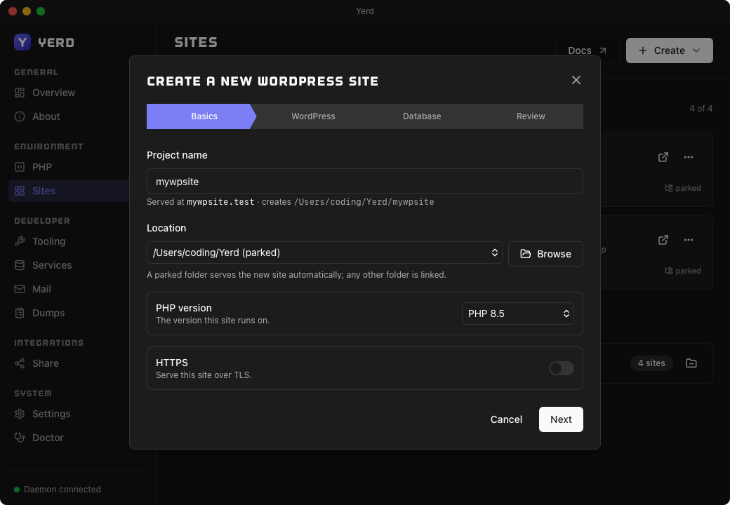 The Create-a-new-WordPress-site wizard, Basics step
