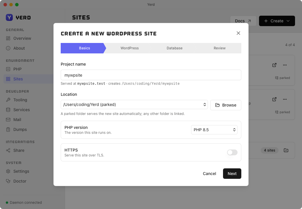 The Create-a-new-WordPress-site wizard, Basics step