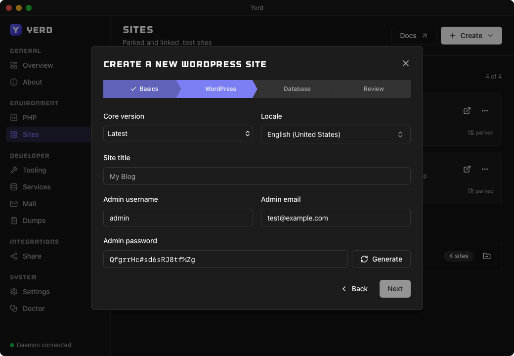The Create-a-new-WordPress-site wizard, WordPress step
