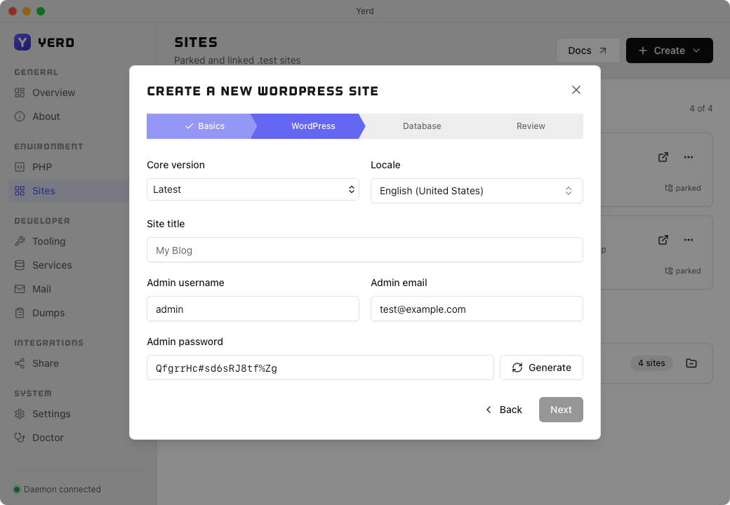 The Create-a-new-WordPress-site wizard, WordPress step