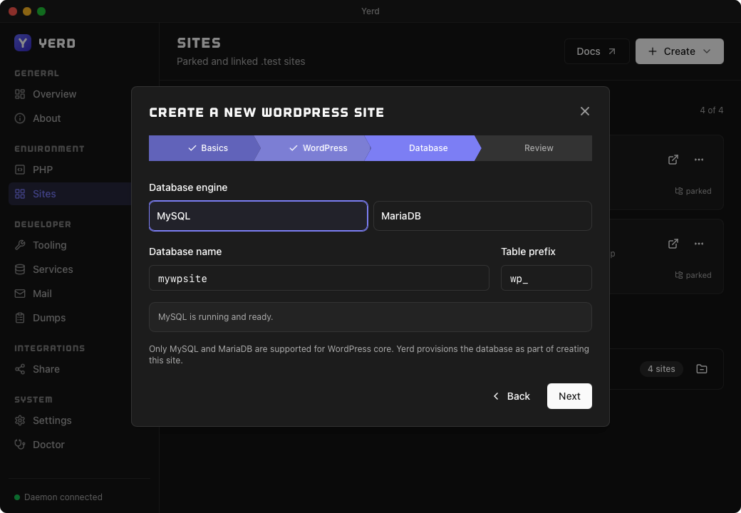 The Create-a-new-WordPress-site wizard, Database step