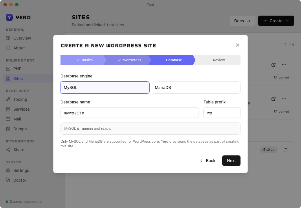 The Create-a-new-WordPress-site wizard, Database step