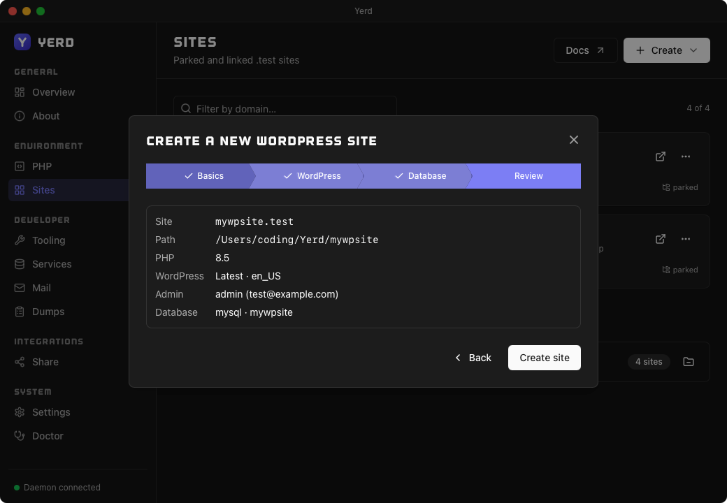 The Create-a-new-WordPress-site wizard, Review step