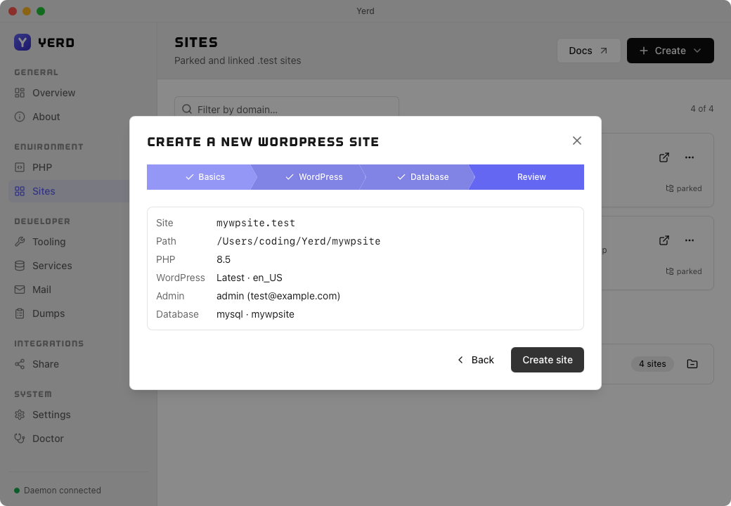 The Create-a-new-WordPress-site wizard, Review step