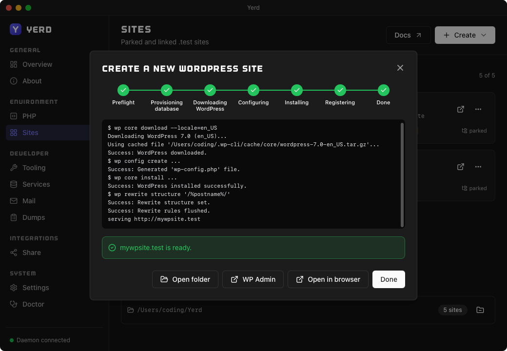 The Create-a-new-WordPress-site wizard, live progress view