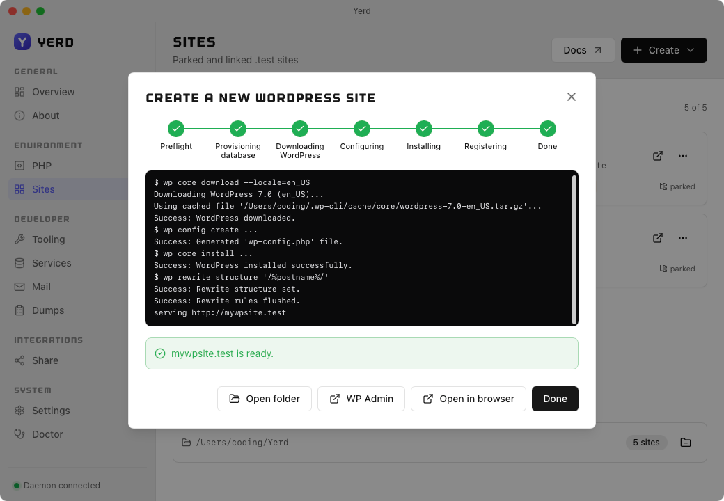 The Create-a-new-WordPress-site wizard, live progress view