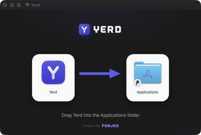 macOS .dmg installer window: drag Yerd into the Applications folder