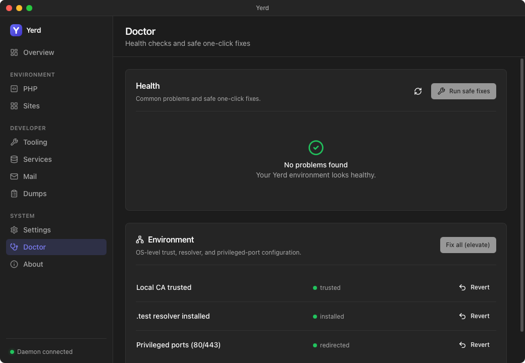 The Doctor page in the Yerd desktop app (dark mode)