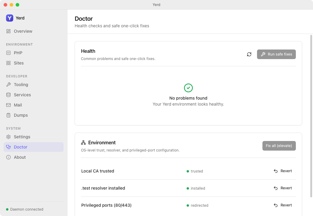 The Doctor page in the Yerd desktop app