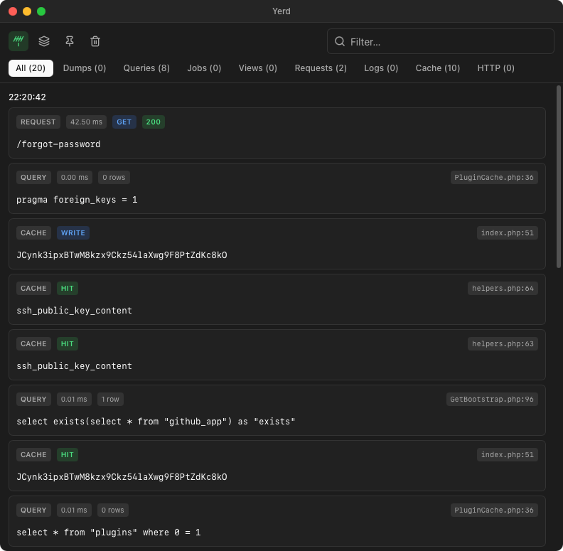 The Yerd Dumps window showing captured dump events