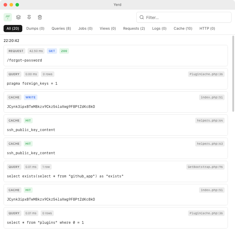 The Yerd Dumps window showing captured dump events
