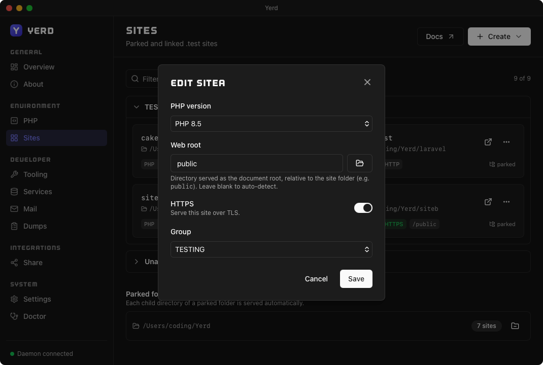 The Edit site dialog, with PHP version, web root, HTTPS, and Group fields