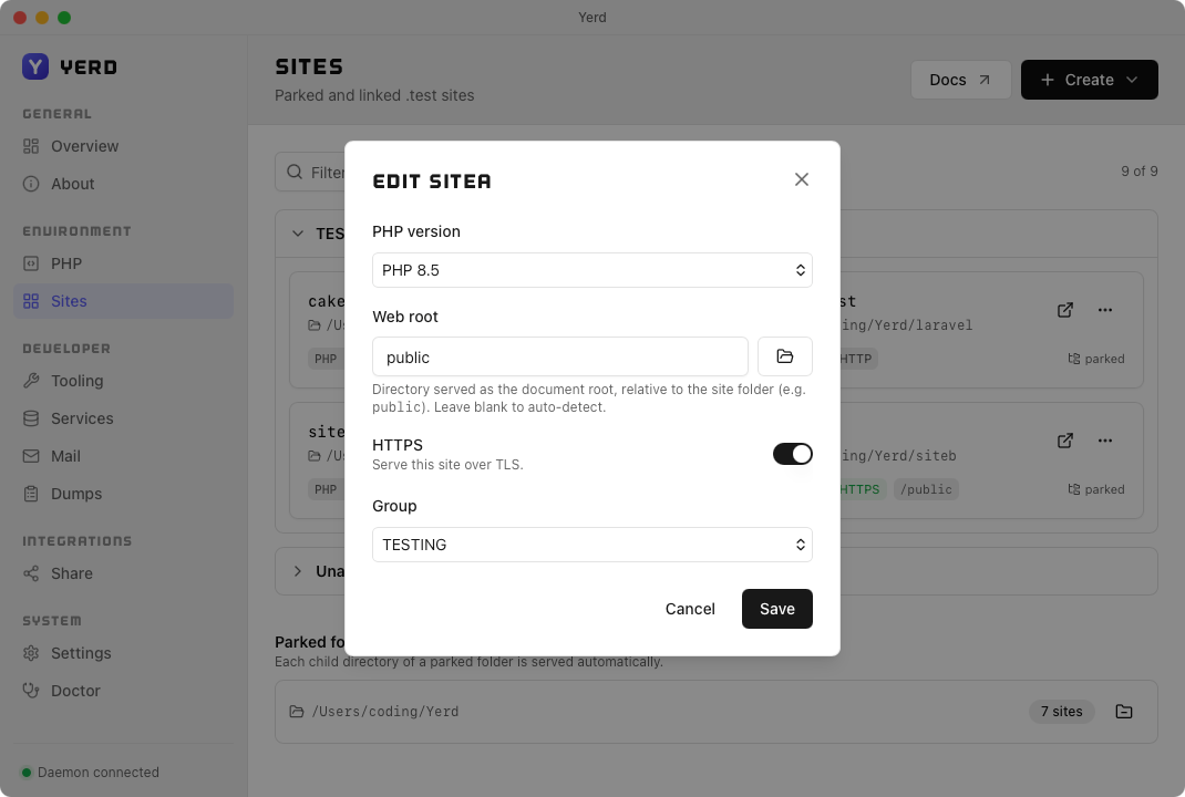 The Edit site dialog, with PHP version, web root, HTTPS, and Group fields