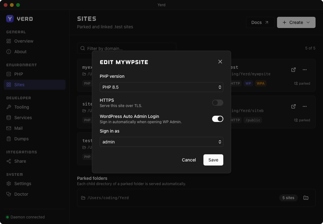 The Edit site dialog for a WordPress site, with the WordPress Auto Admin Login toggle and Sign in as picker