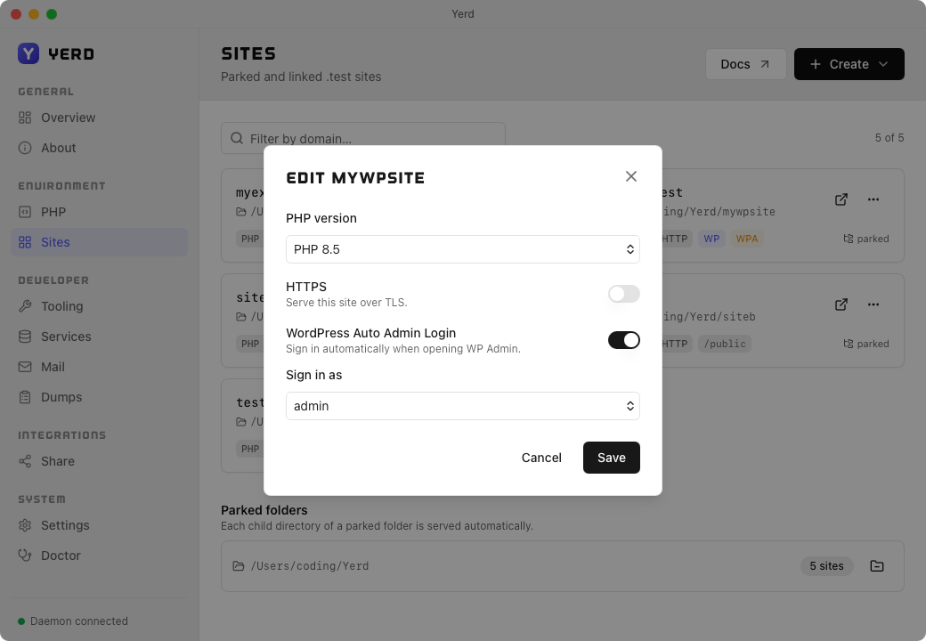 The Edit site dialog for a WordPress site, with the WordPress Auto Admin Login toggle and Sign in as picker