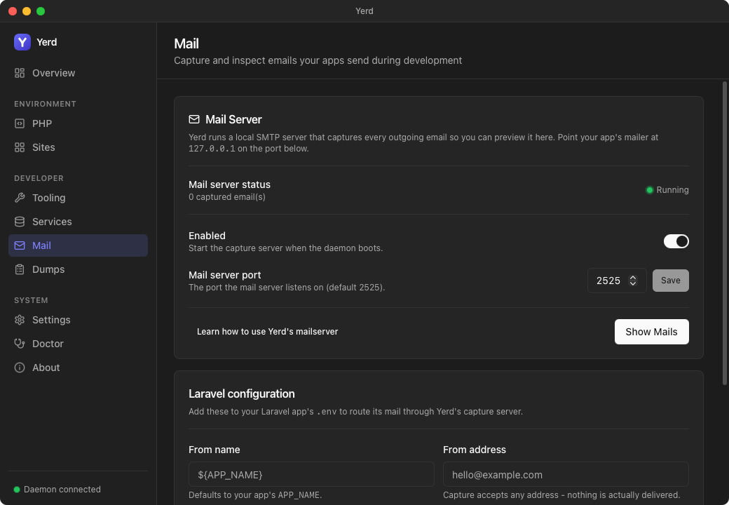 The Mail page in the Yerd desktop app