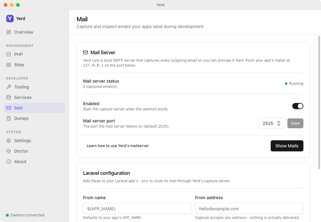 The Mail page in the Yerd desktop app