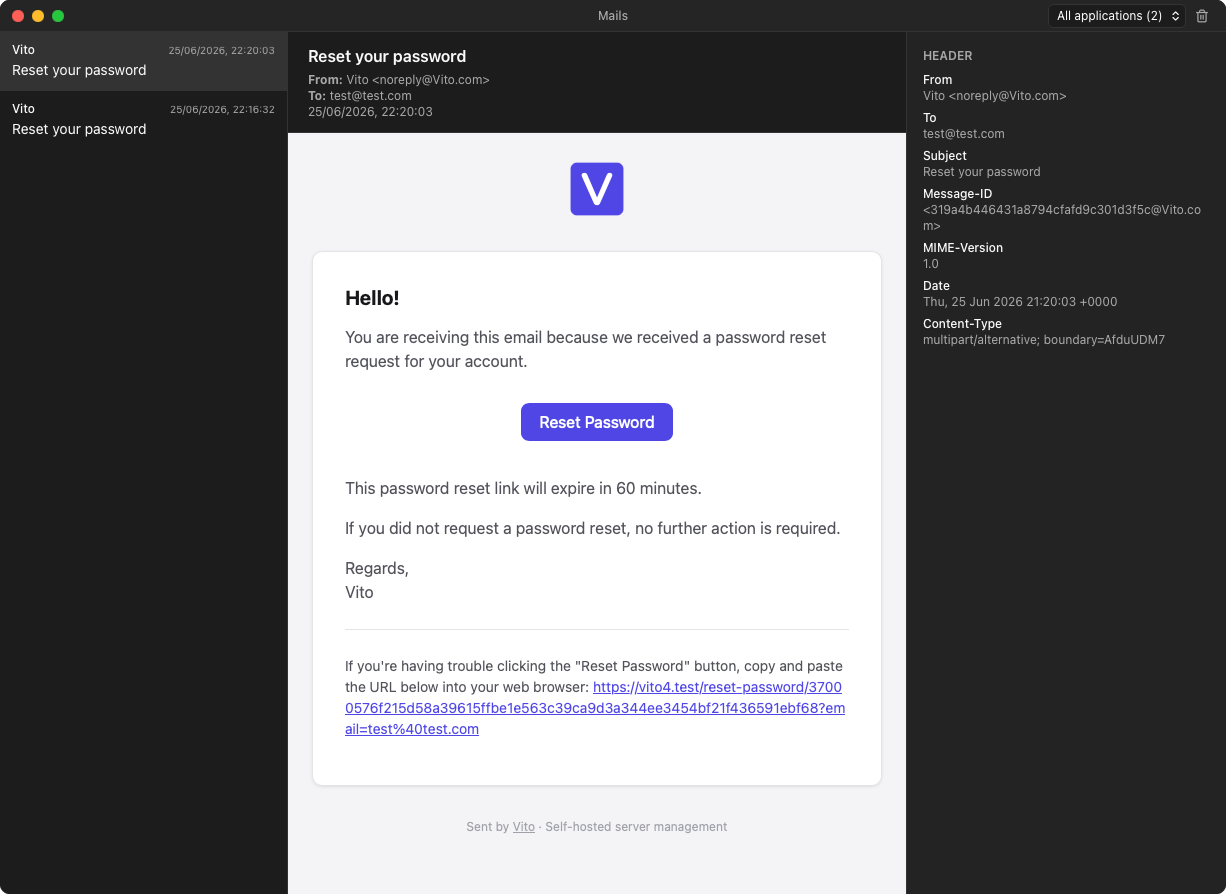 A captured email open in the Yerd Mails viewer