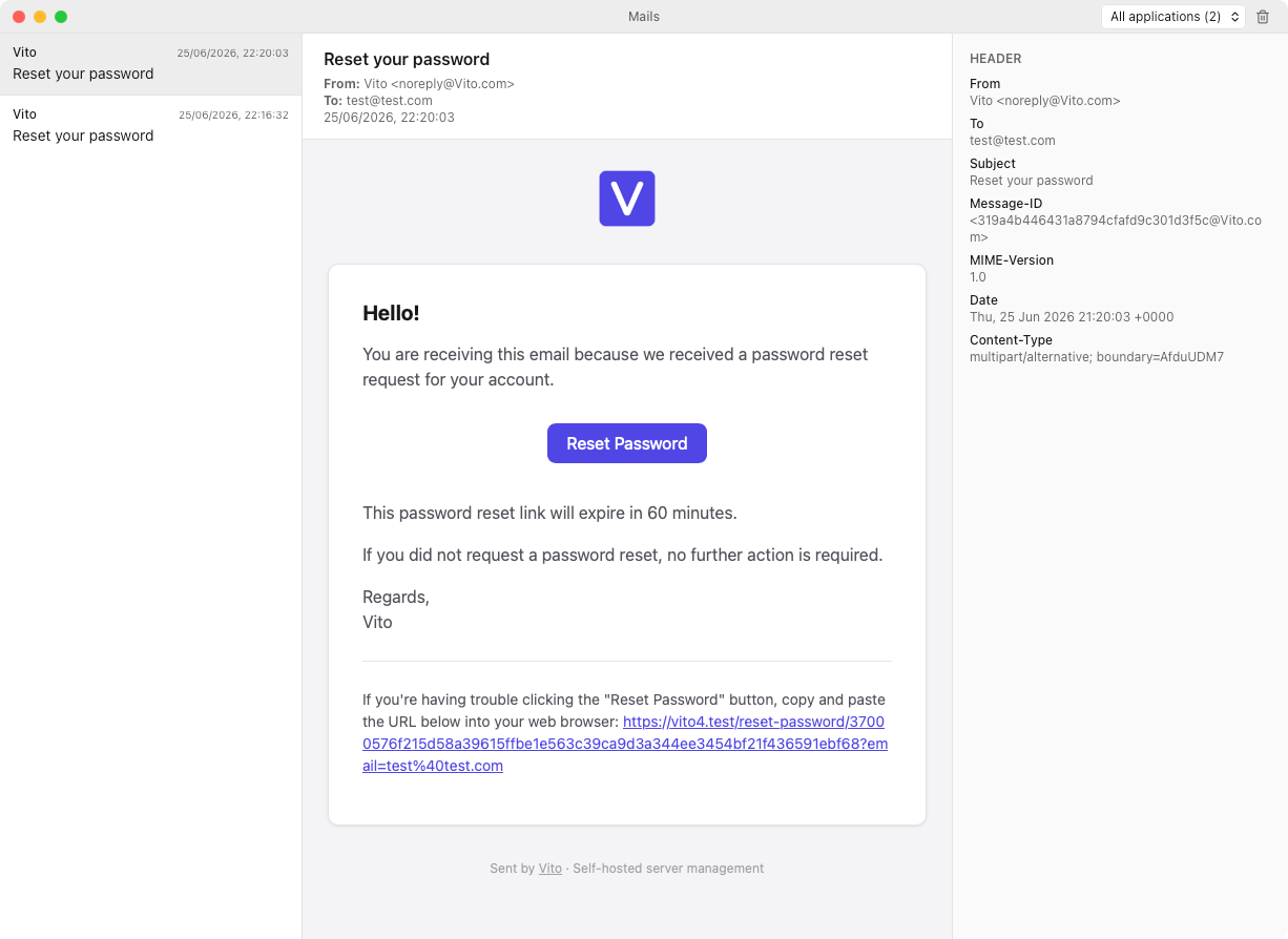 A captured email open in the Yerd Mails viewer