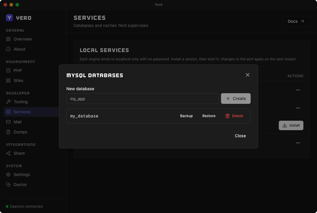 The Manage databases dialog, creating and listing MySQL databases