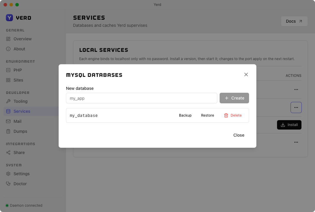 The Manage databases dialog, creating and listing MySQL databases