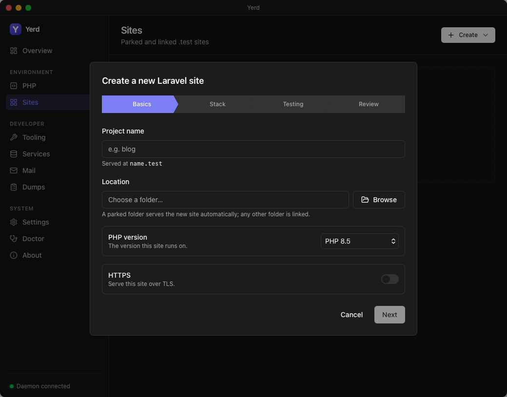 The Create-a-new-Laravel-site wizard, Basics step