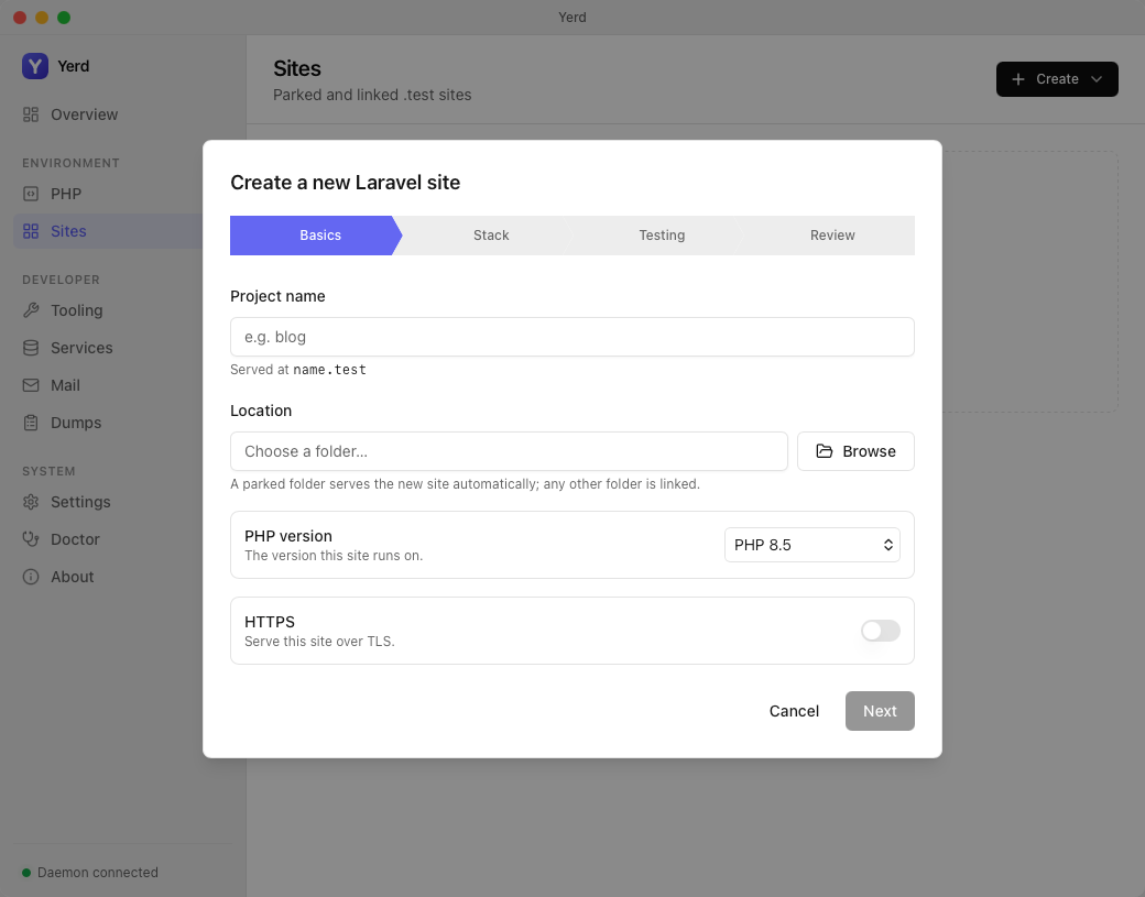 The Create-a-new-Laravel-site wizard, Basics step