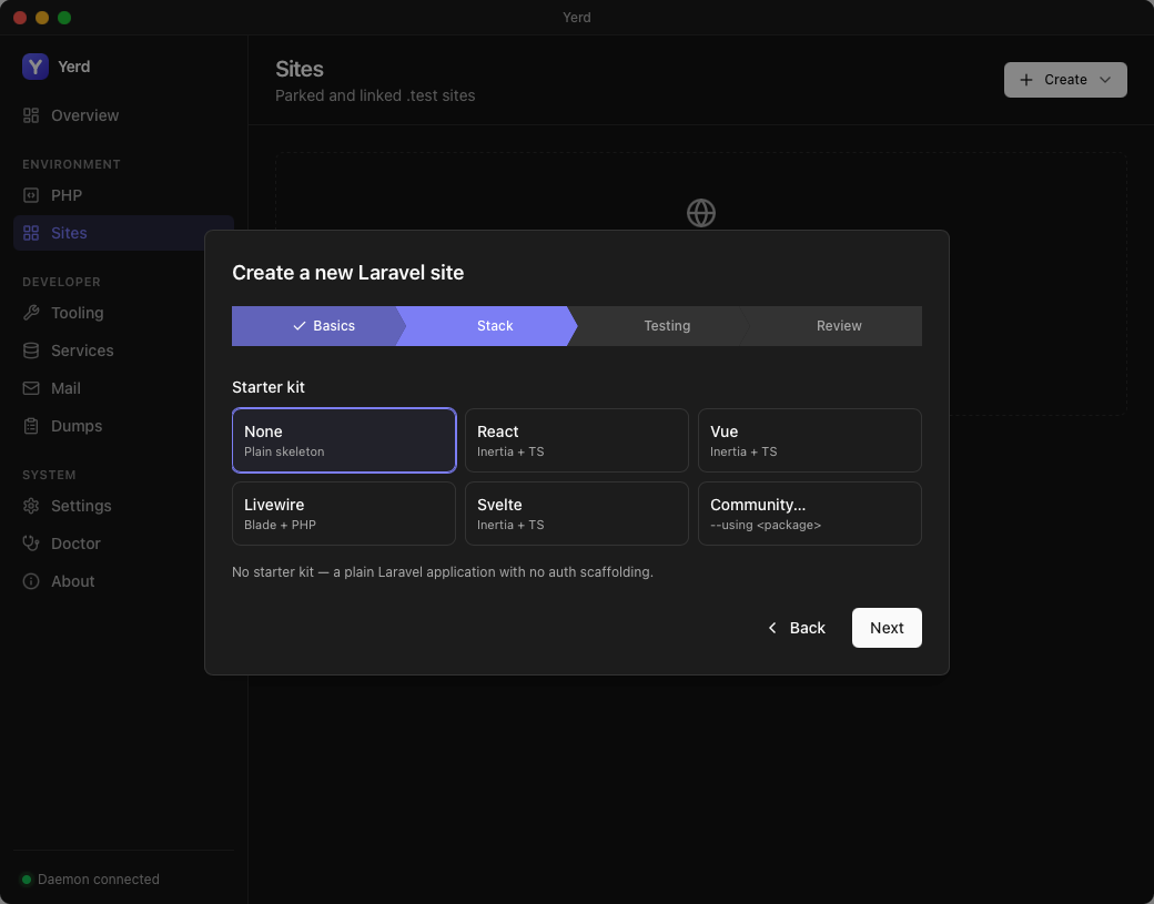 The Create-a-new-Laravel-site wizard, Stack step (starter kit)