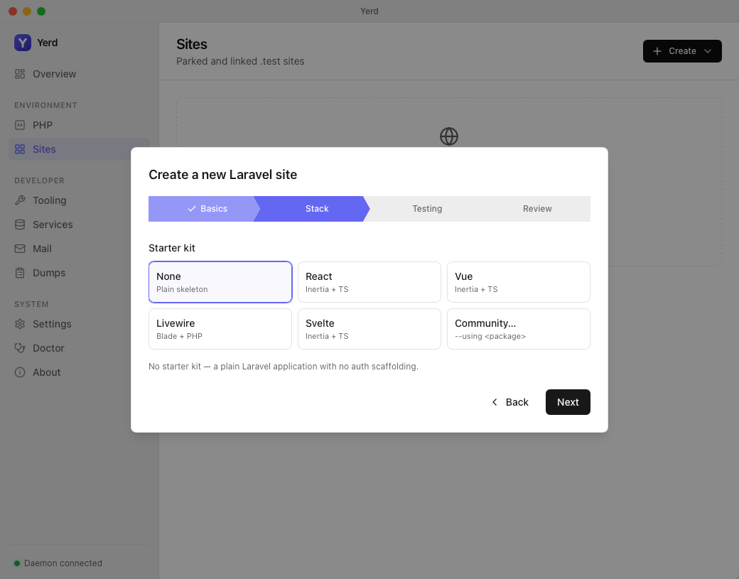 The Create-a-new-Laravel-site wizard, Stack step (starter kit)