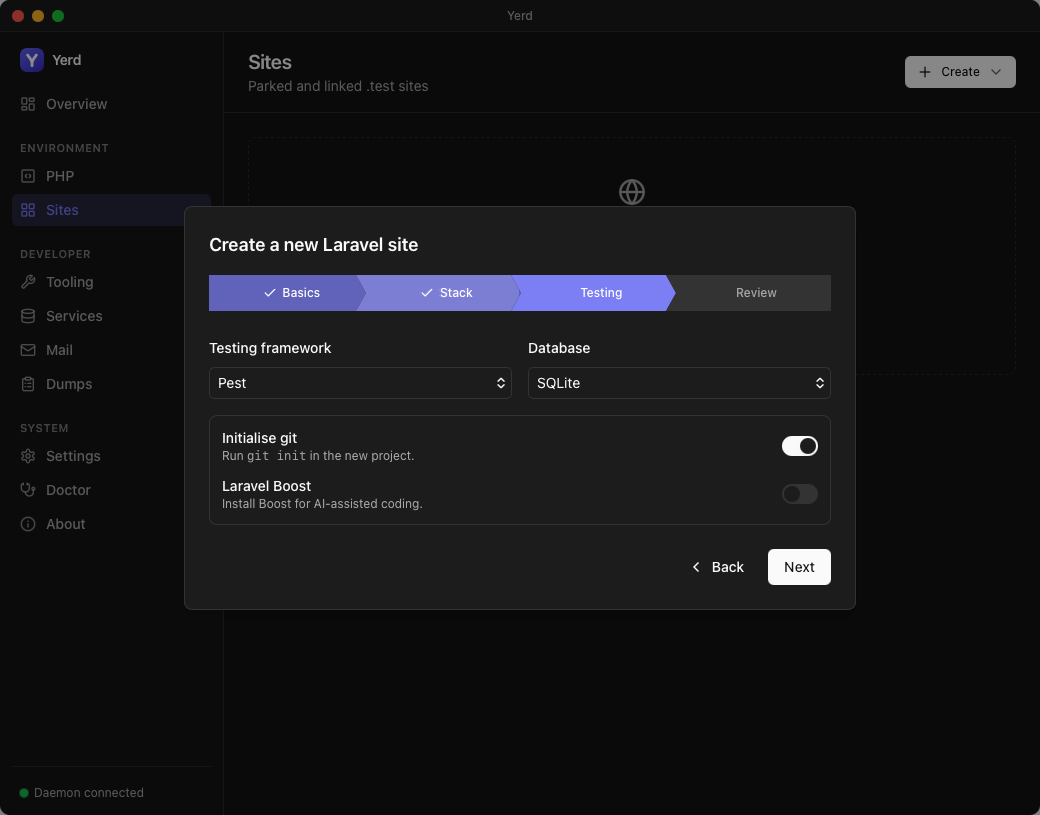 The Create-a-new-Laravel-site wizard, Testing step
