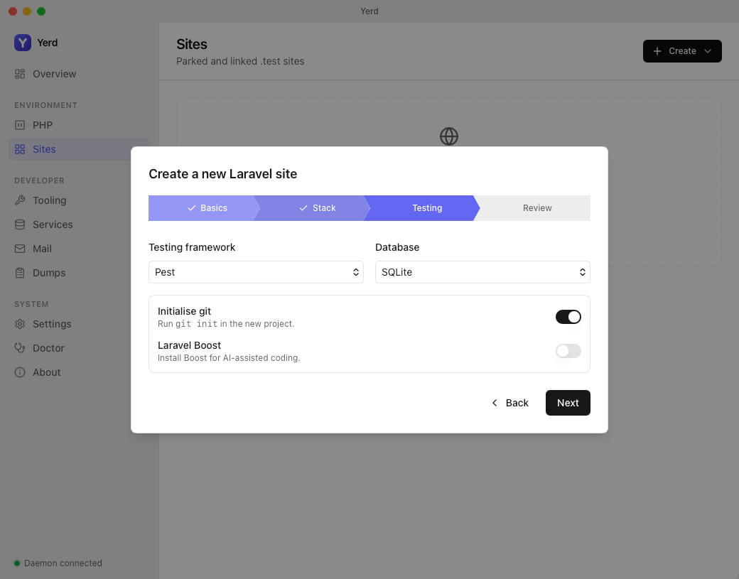 The Create-a-new-Laravel-site wizard, Testing step