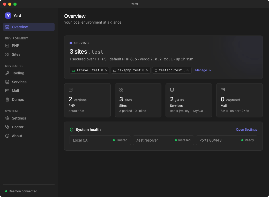 The Yerd desktop app showing the Overview dashboard in dark mode