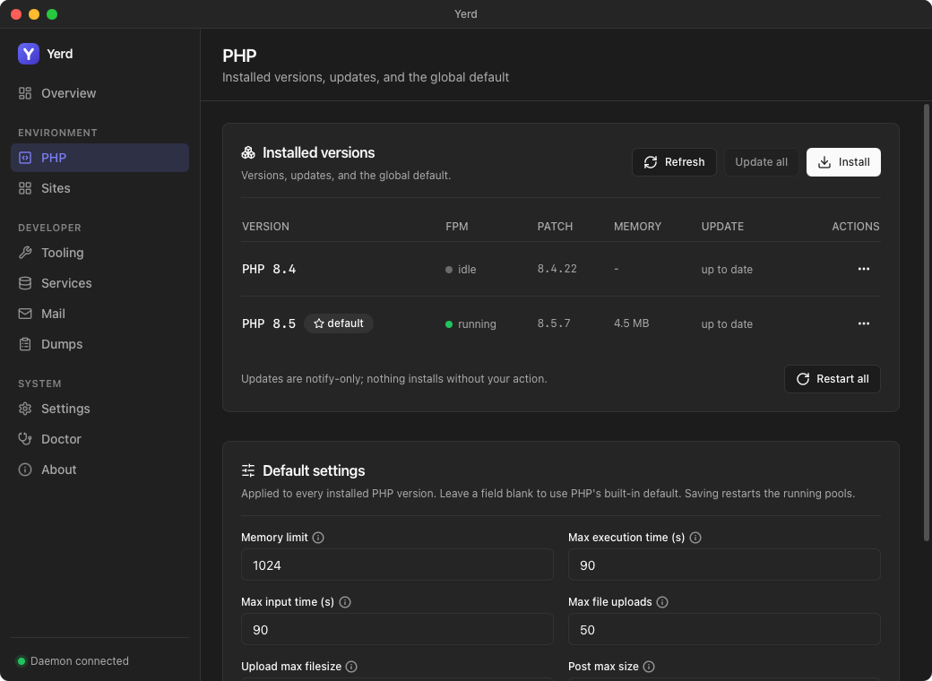 The PHP page in the Yerd desktop app (dark mode)