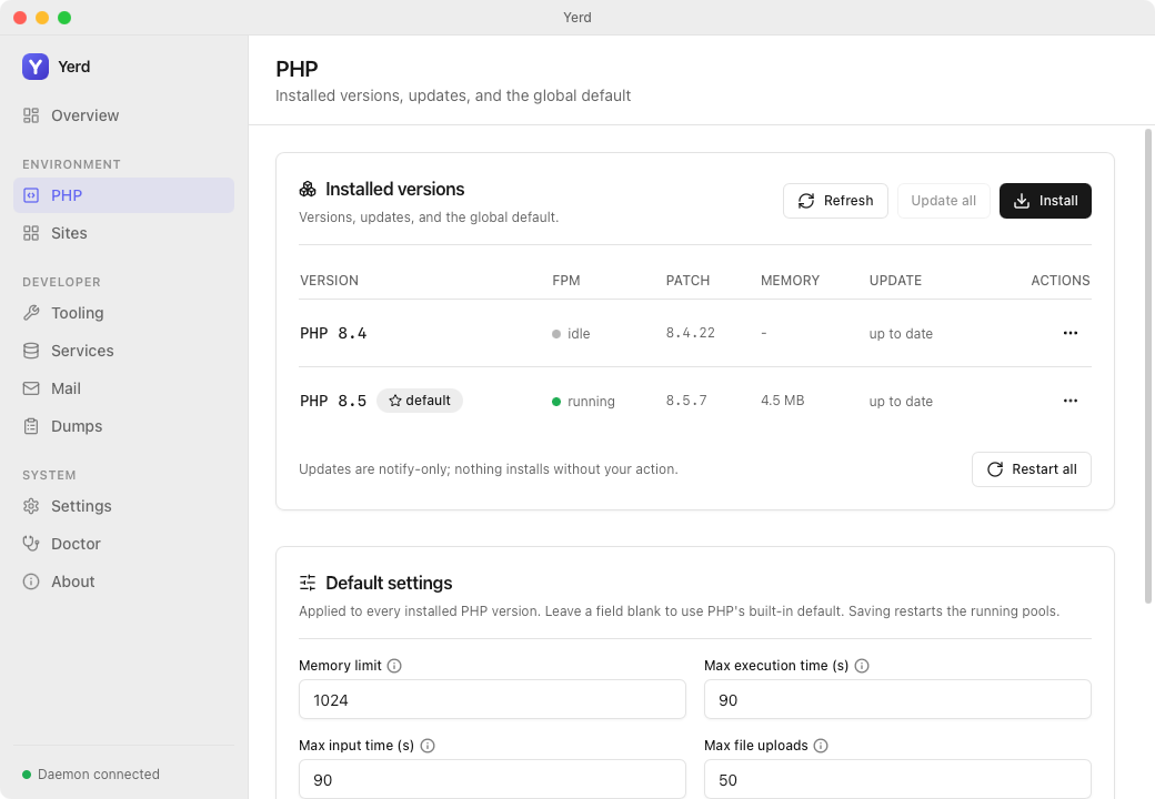 The PHP page in the Yerd desktop app