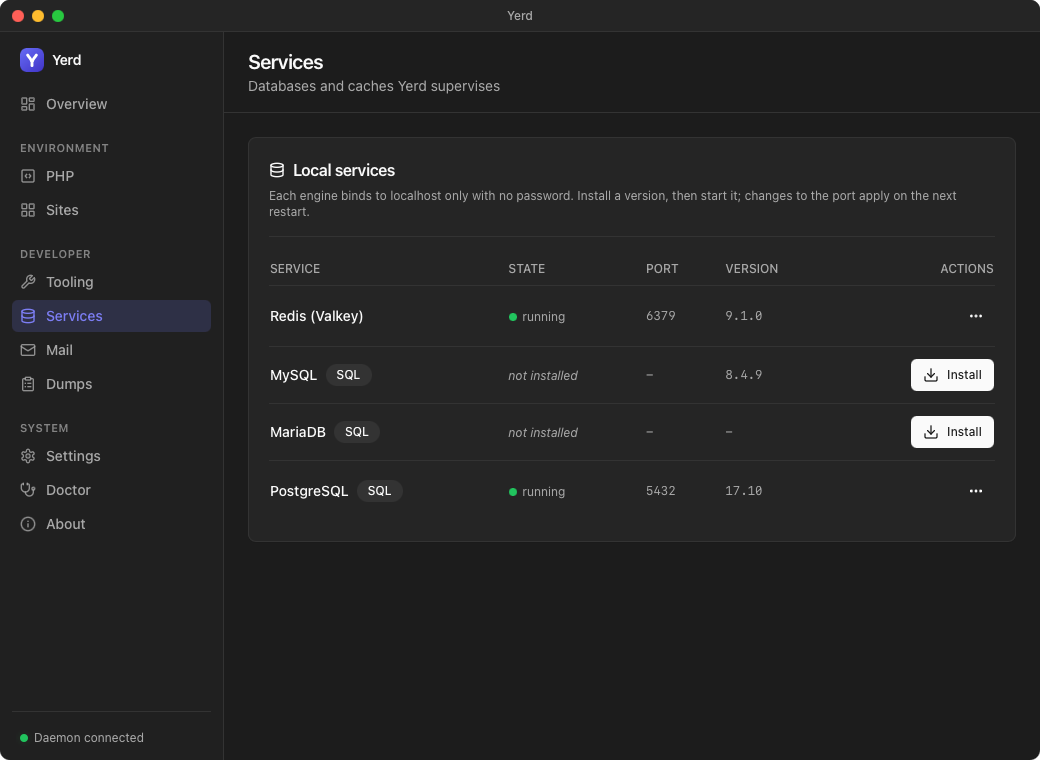 The Services page in the Yerd desktop app