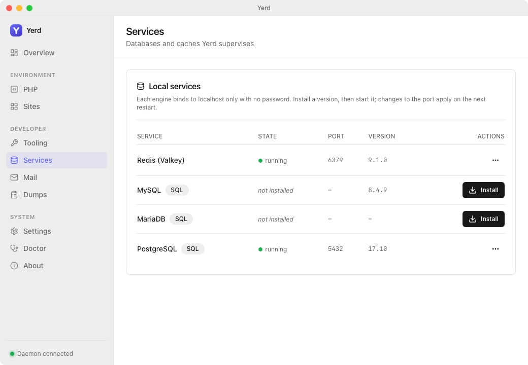 The Services page in the Yerd desktop app