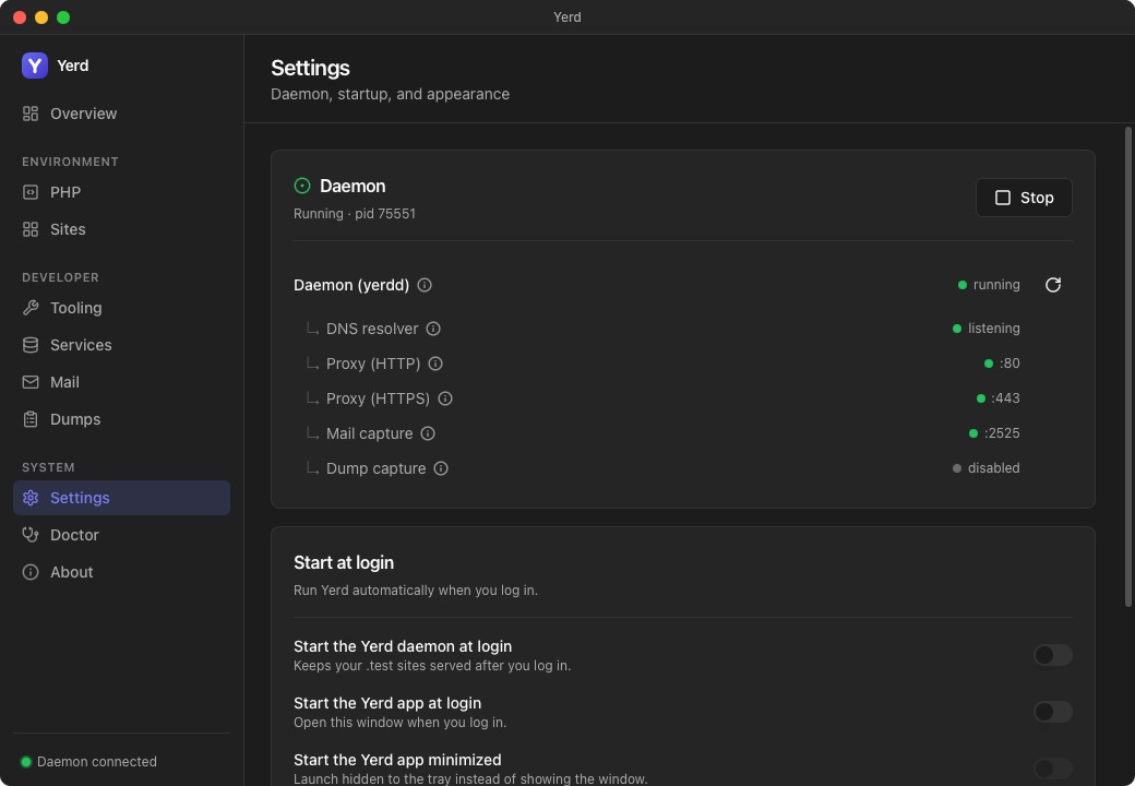 Settings page