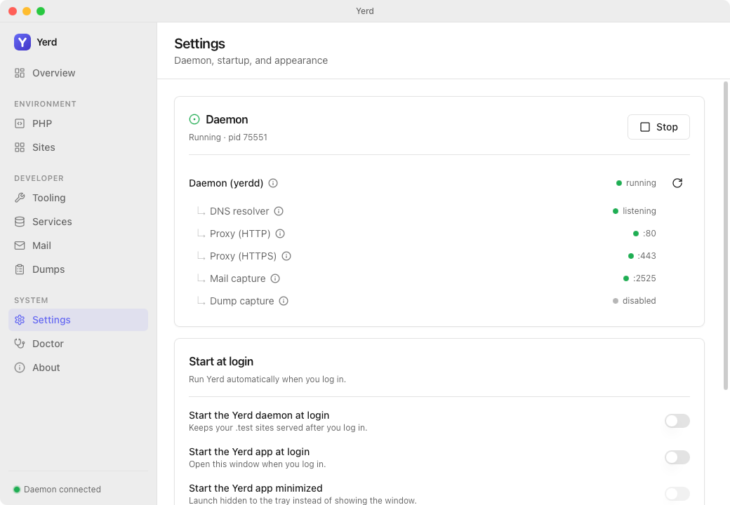 Settings page